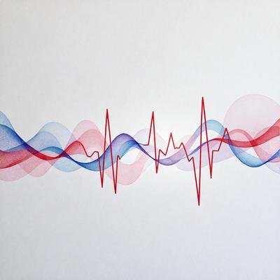The primary subject of the image is a red and blue heartbeat wave. The setting is a white background, and the visual style is a combination of digital art and illustration. The dominant colors are red and blue, creating a bold and vibrant atmosphere.